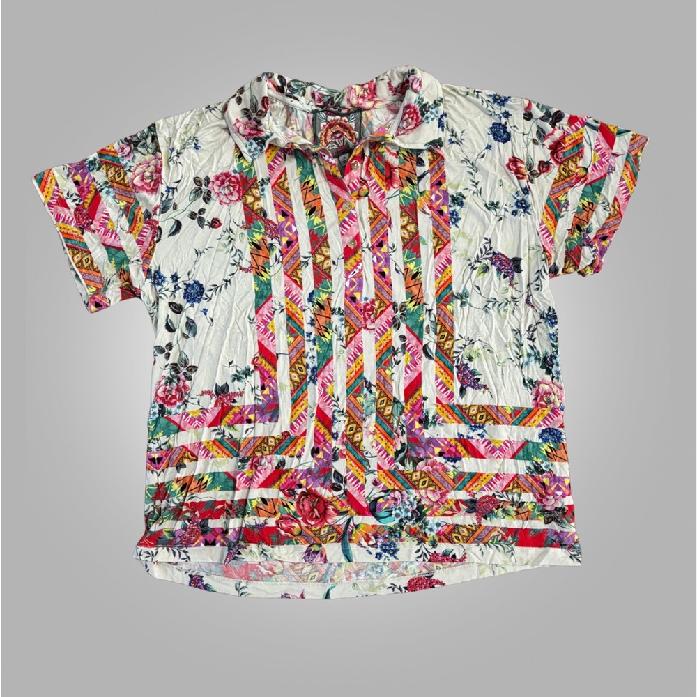 Johnny Was Los Angeles Floral Aztec Button Up Shirt Size M